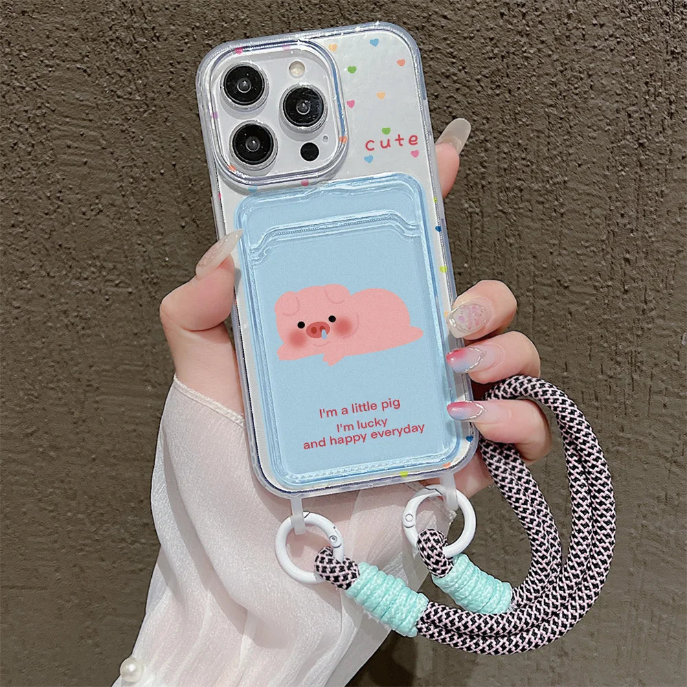Cute Animal Wallet iPhone Case – Card Holder Silicone Phone Cover with Lanyard