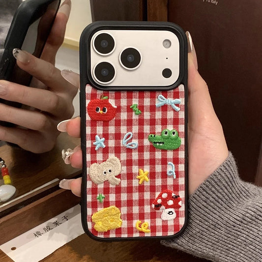 Cute Animal Embroidery Red Grid iPhone Case – Shockproof Full Coverage Cover
