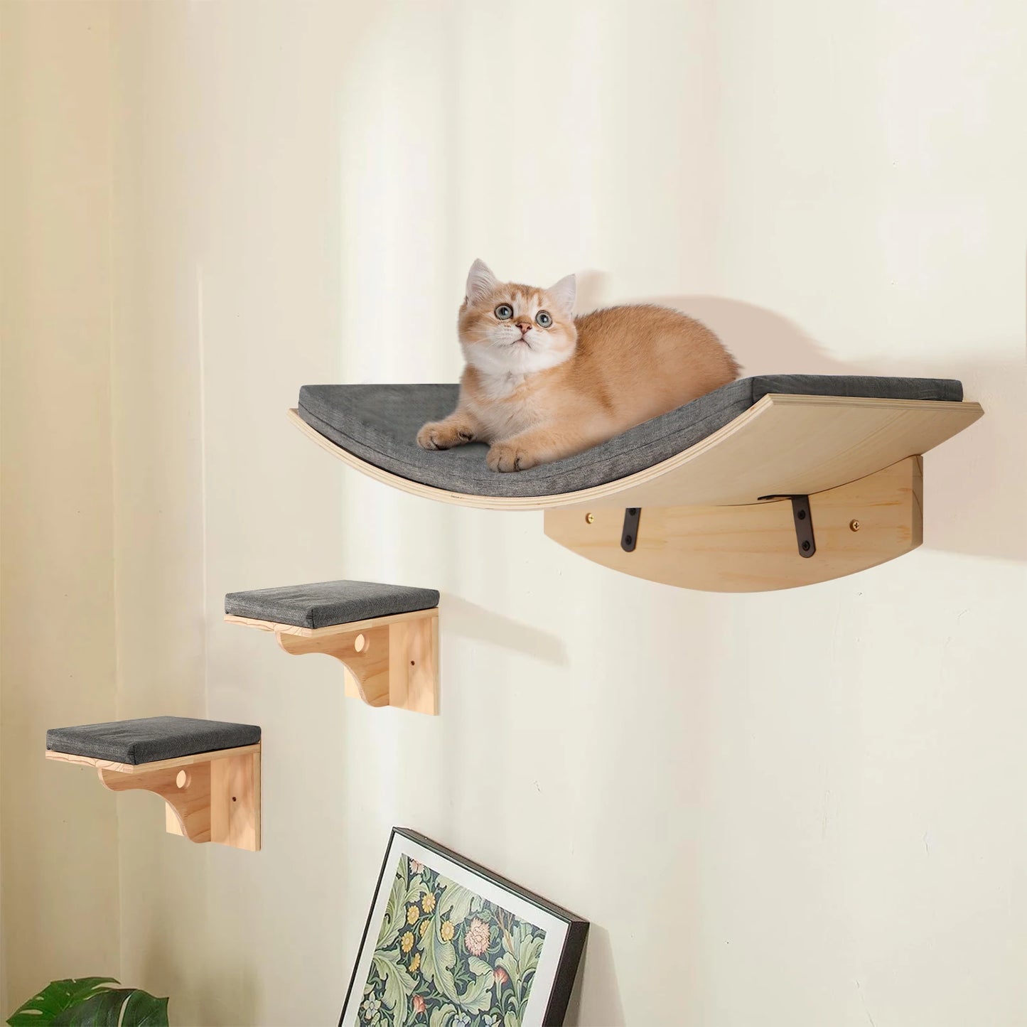 Wall-Mounted Wooden Cat Shelf Bed with Soft Cushion