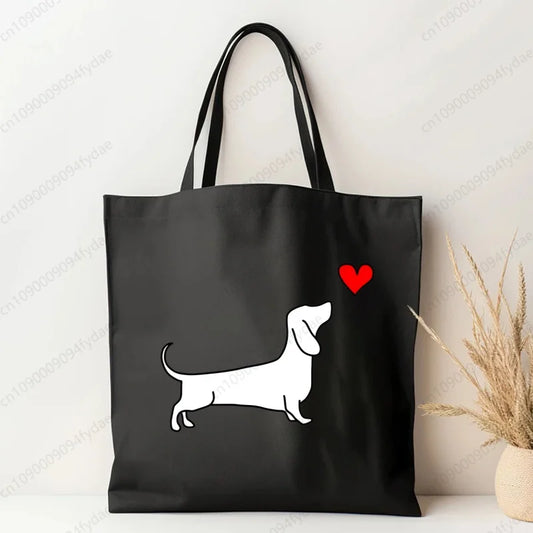 Dachshund Canvas Tote Bag – Cute Cartoon Dog Reusable Handbag, Shoulder Bag, Shopper Bag for Women & Men