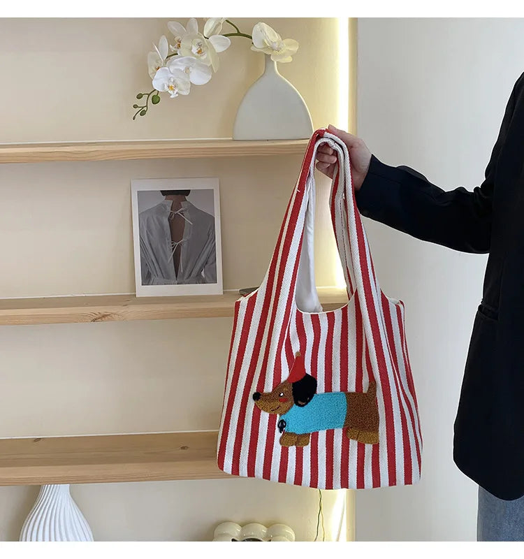 Cute Dog Embroidery Women’s Canvas Shoulder Tote Bag – Large Capacity