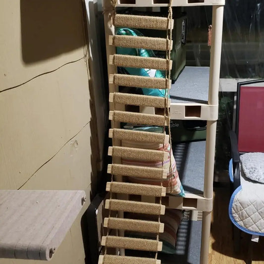 Wall-Mounted Cat Activity Center – Wooden Sisal Scratcher with Rope Ladder & Bridge