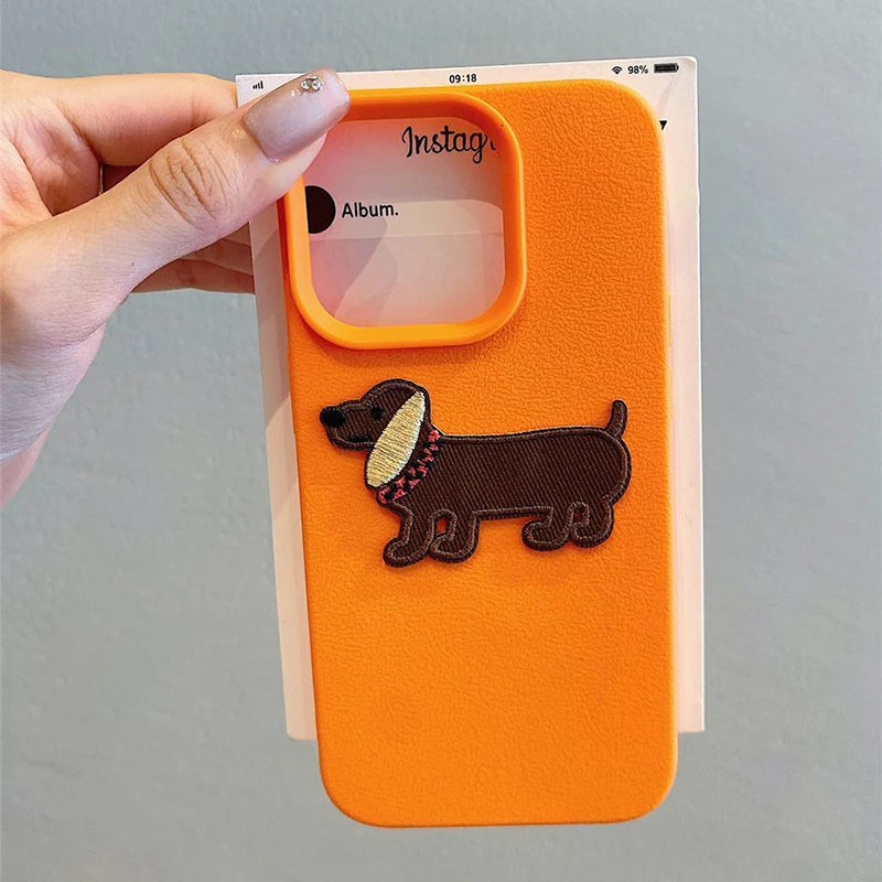 3D Embroidered Puppy iPhone Case – Cute Cartoon Dog Leather Pattern Cover