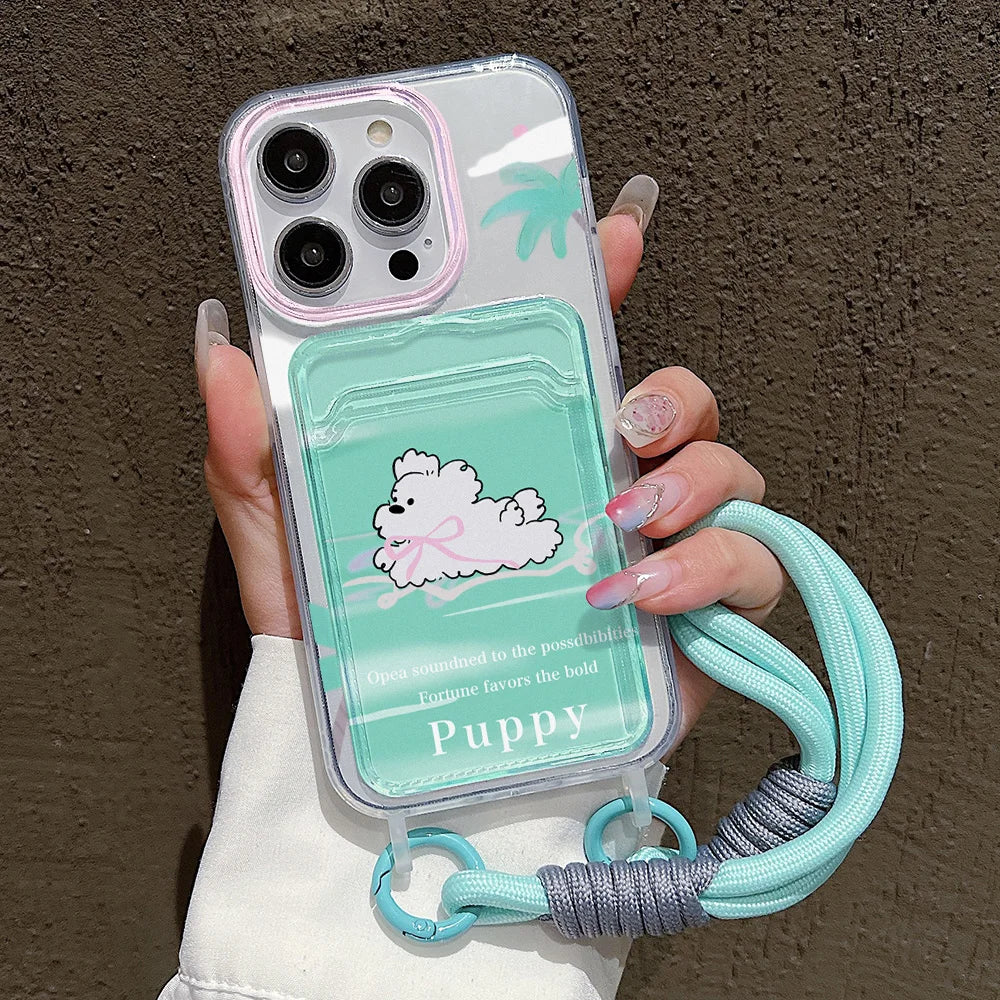 Cute Animal Wallet iPhone Case – Card Holder Silicone Phone Cover with Lanyard