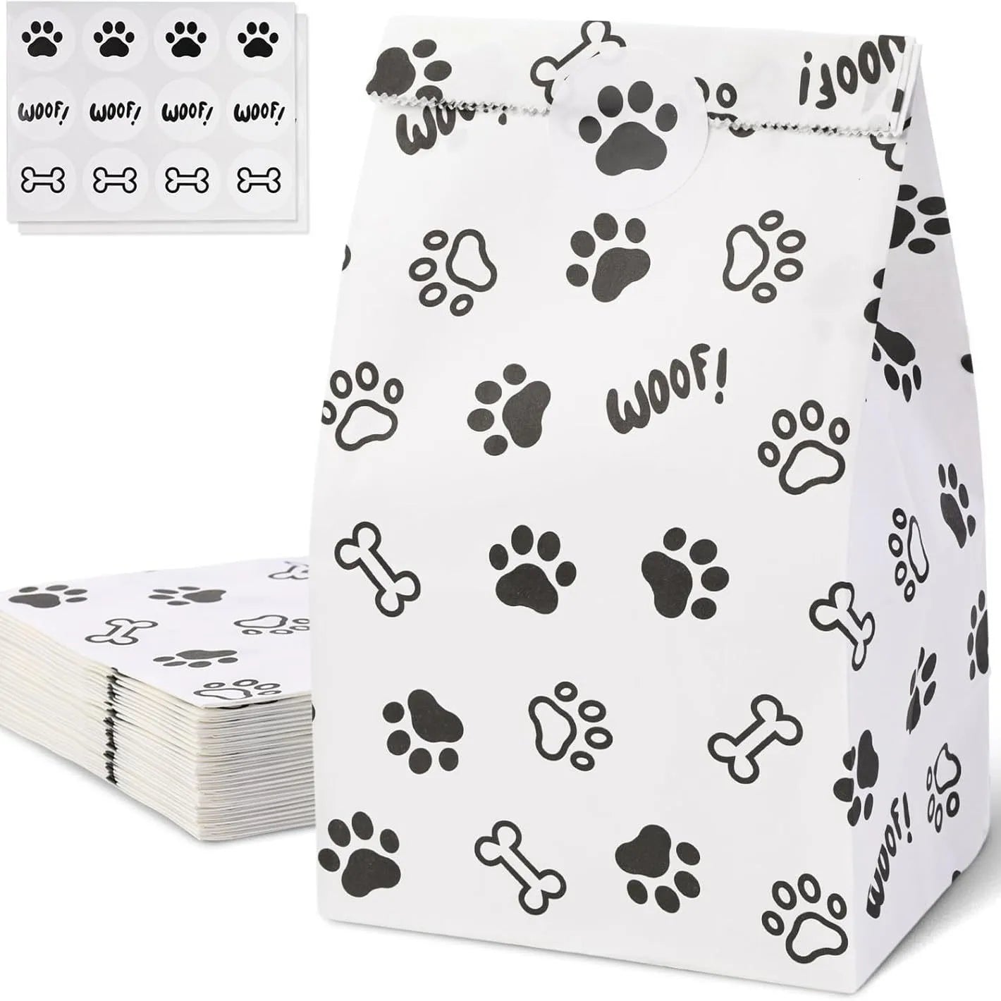 Pet Paw Print Gift Bags – 12 pcs, 22x12x8cm, Black & White Design for Dog Lovers