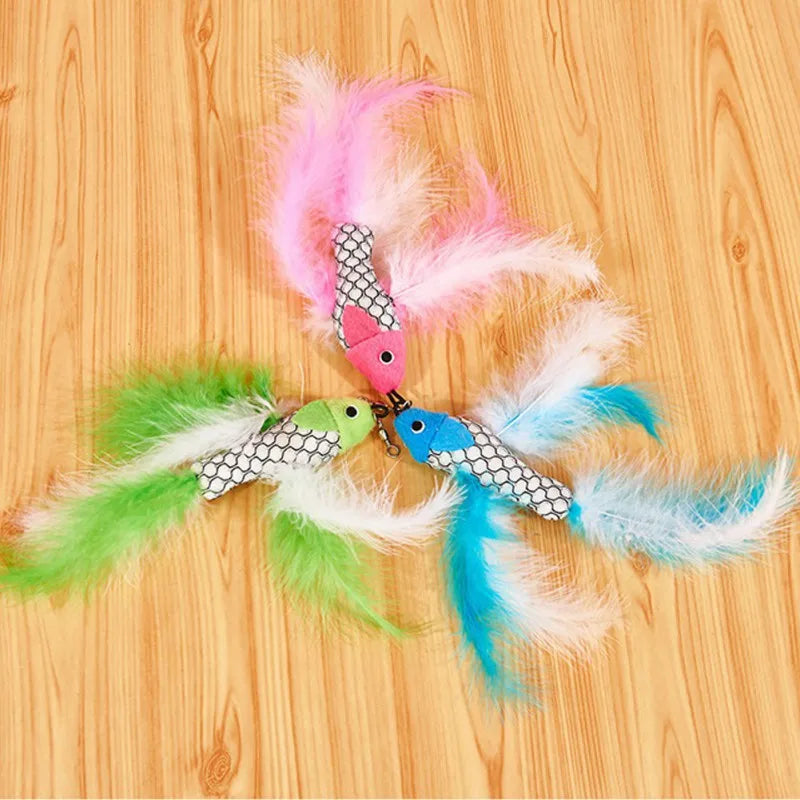 Retractable Fishing Rod Cat Teaser Toy with Feathers