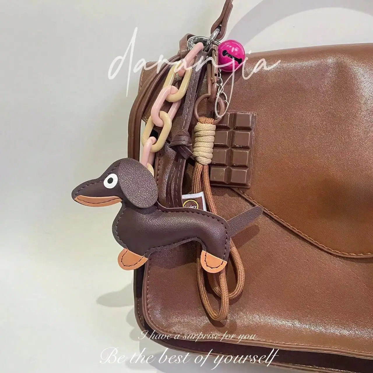 Cute Dachshund PU Leather Keychain with Bell