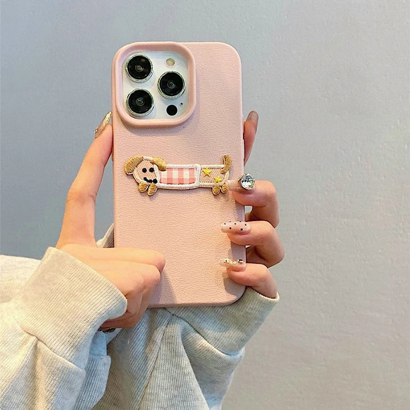 3D Embroidered Puppy iPhone Case – Cute Cartoon Dog Leather Pattern Cover