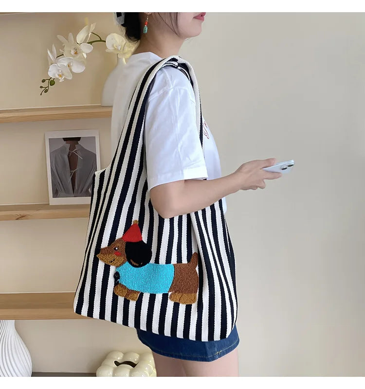 Cute Dog Embroidery Women’s Canvas Shoulder Tote Bag – Large Capacity