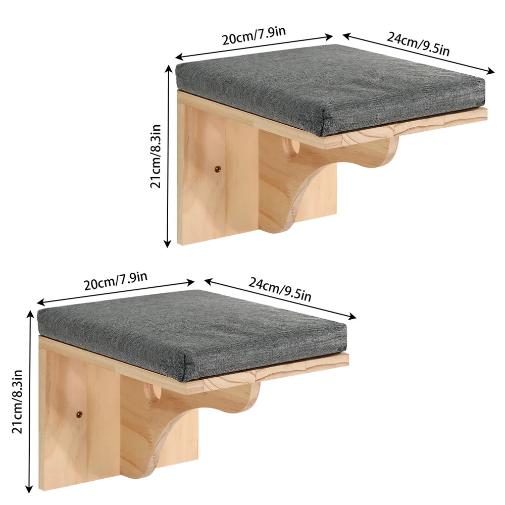 Wall-Mounted Wooden Cat Shelf Bed with Soft Cushion