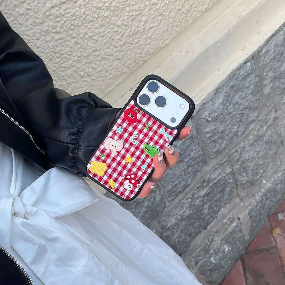 Cute Animal Embroidery Red Grid iPhone Case – Shockproof Full Coverage Cover