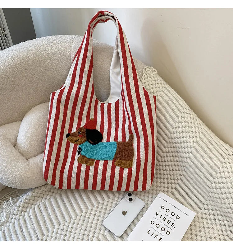 Cute Dog Embroidery Women’s Canvas Shoulder Tote Bag – Large Capacity