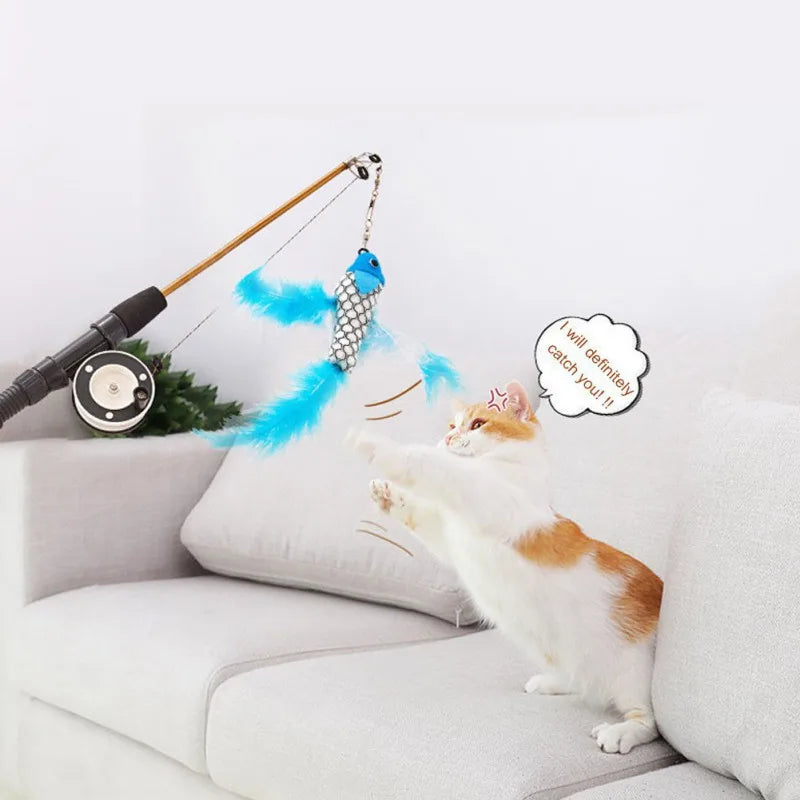 Retractable Fishing Rod Cat Teaser Toy with Feathers