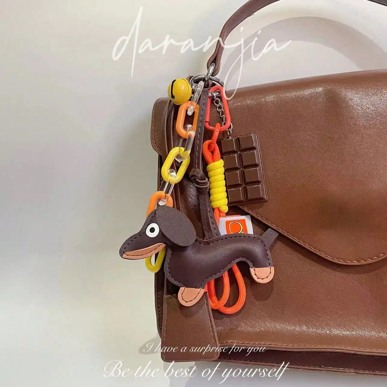 Cute Dachshund PU Leather Keychain with Bell