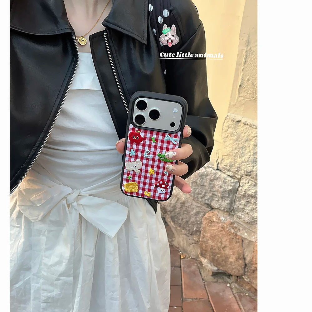 Cute Animal Embroidery Red Grid iPhone Case – Shockproof Full Coverage Cover