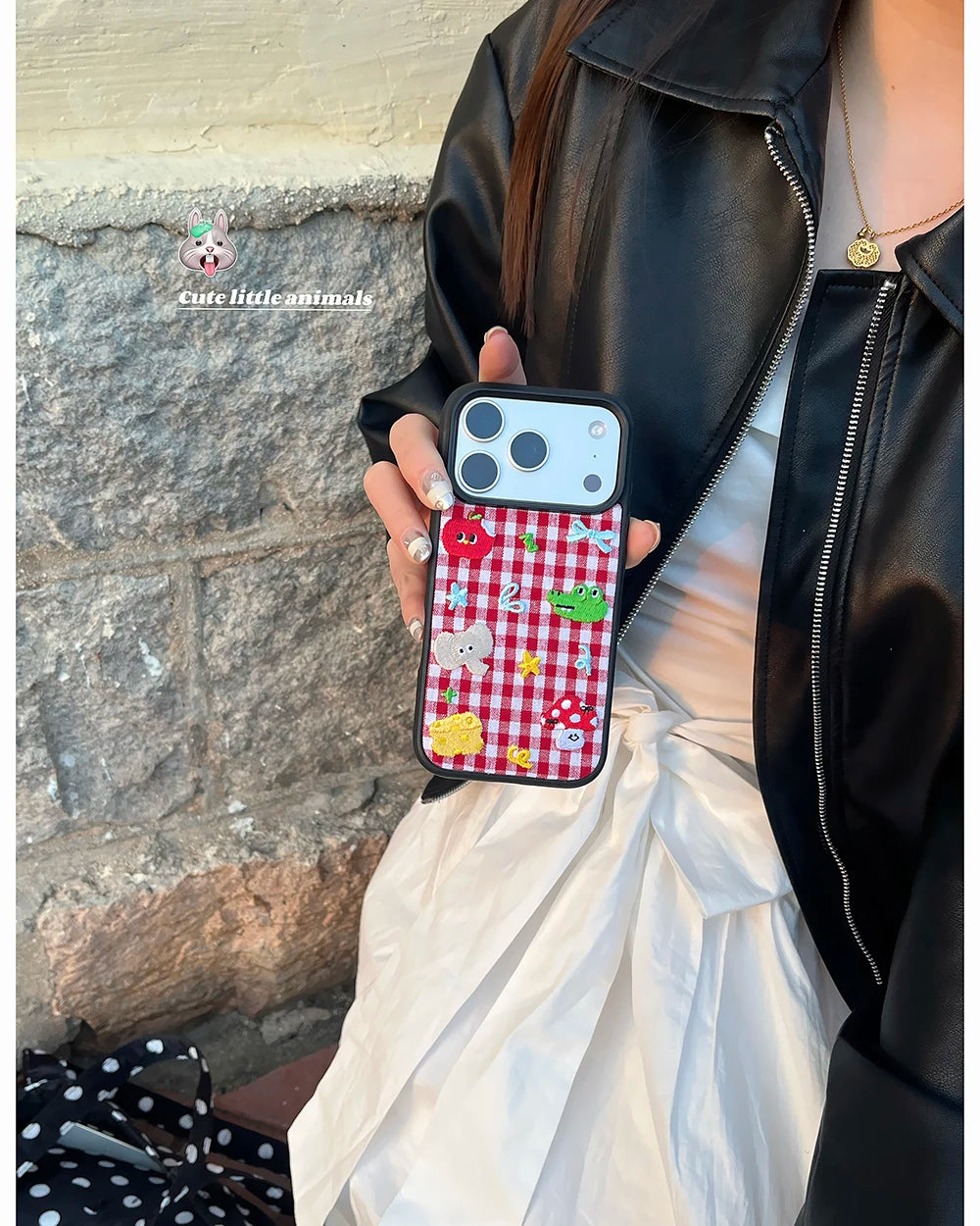 Cute Animal Embroidery Red Grid iPhone Case – Shockproof Full Coverage Cover