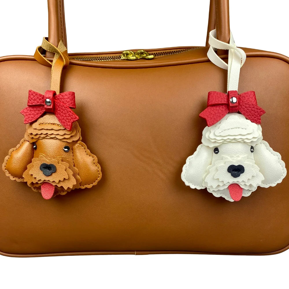 Handmade Leather Teddy Dog Bag Charm with Detachable Red Bow Tie – 3D Puppy Keychain for Bags