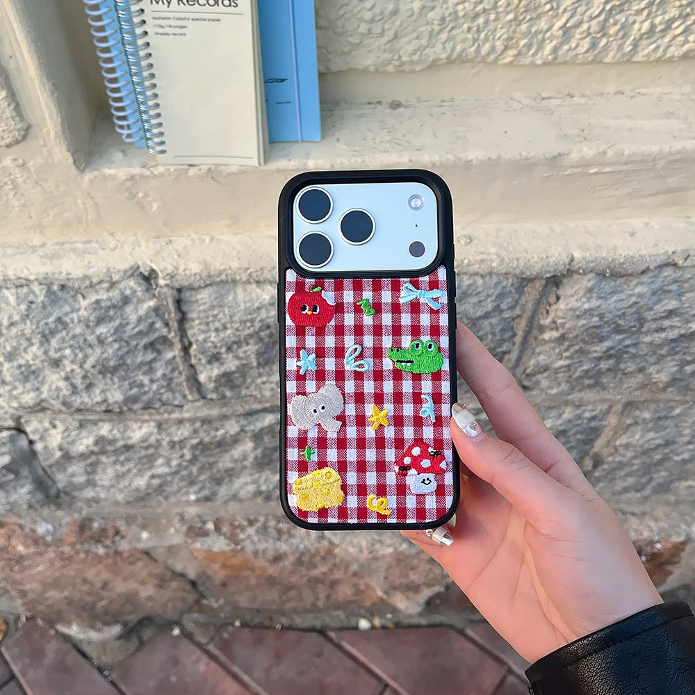 Cute Animal Embroidery Red Grid iPhone Case – Shockproof Full Coverage Cover