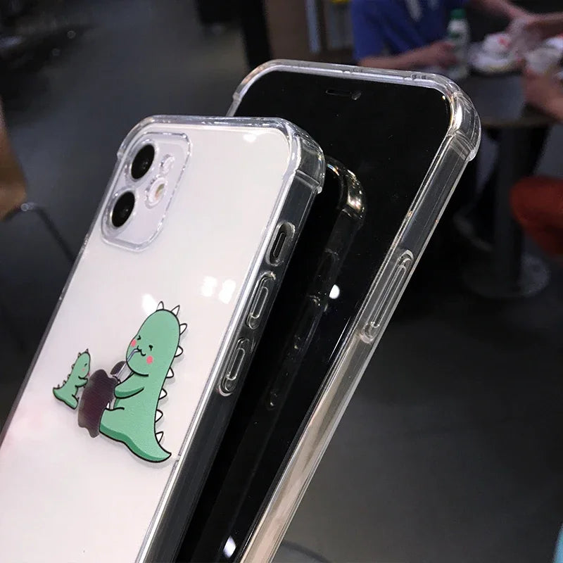 Cute Dinosaur Cartoon iPhone Case – Transparent Shockproof TPU Phone Cover