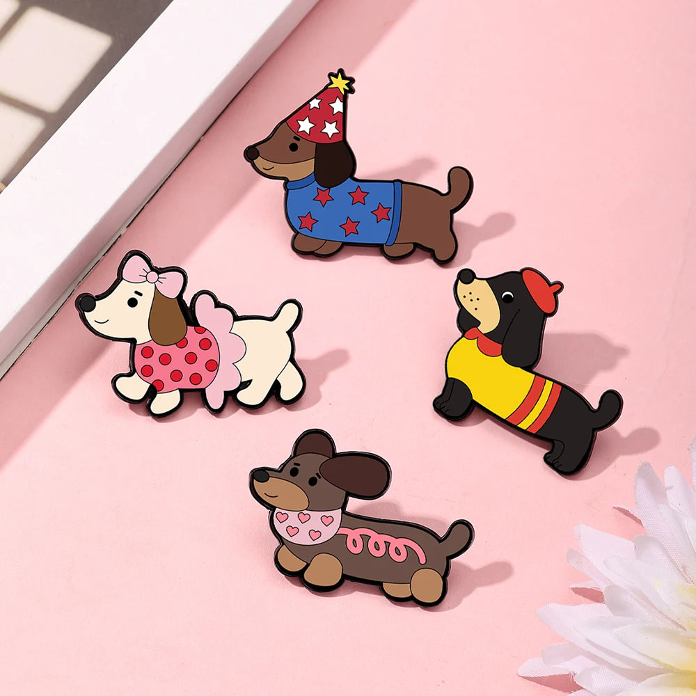 4PCS Cute Dachshund Enamel Lapel Pin Set