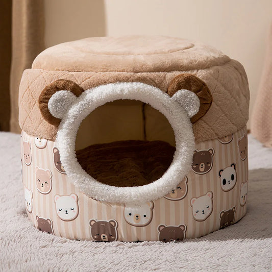 Warm Plush Cat Cave Bed with Removable Cushion
