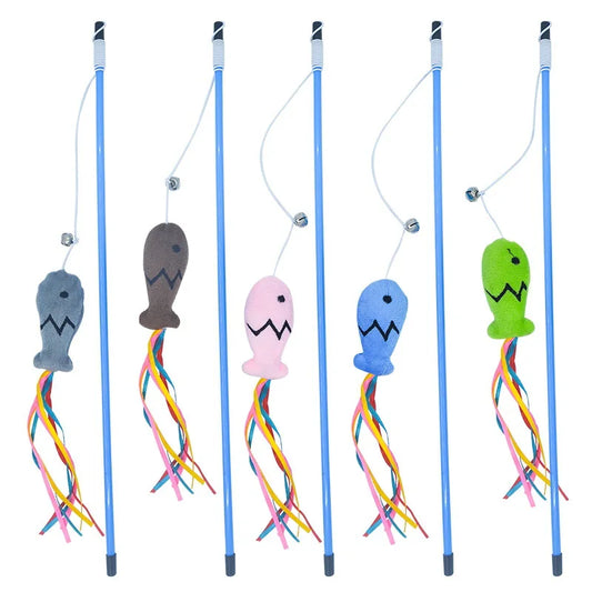 Interactive Cat Teaser Stick with Ribbon Fish & Catnip