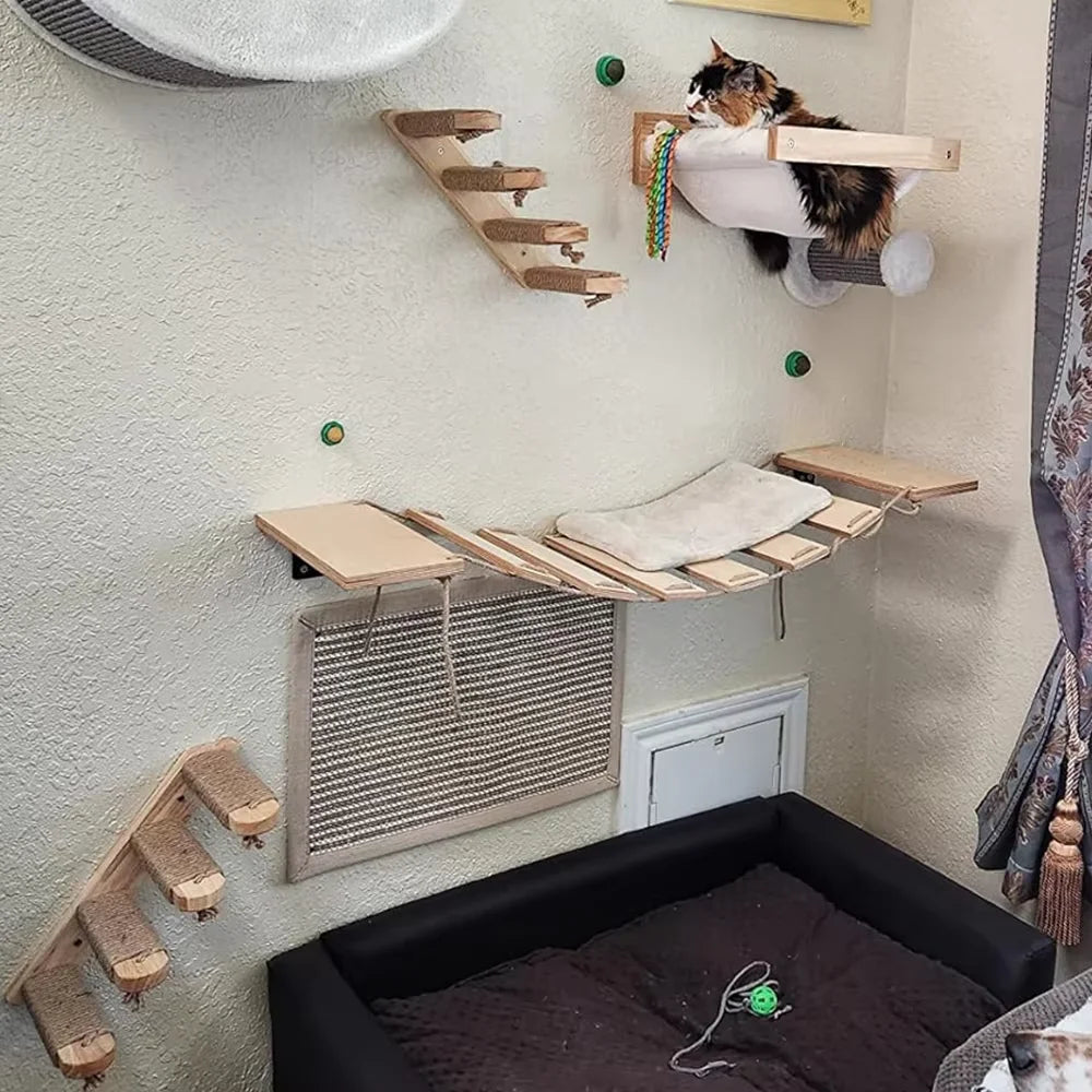 Wall-Mounted Wooden Cat Climbing Shelves with Hammock
