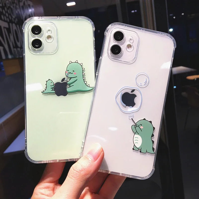 Cute Dinosaur Cartoon iPhone Case – Transparent Shockproof TPU Phone Cover
