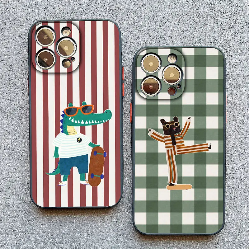 Green Plaid Animal iPhone Case – Cute Matte Shockproof Phone Cover