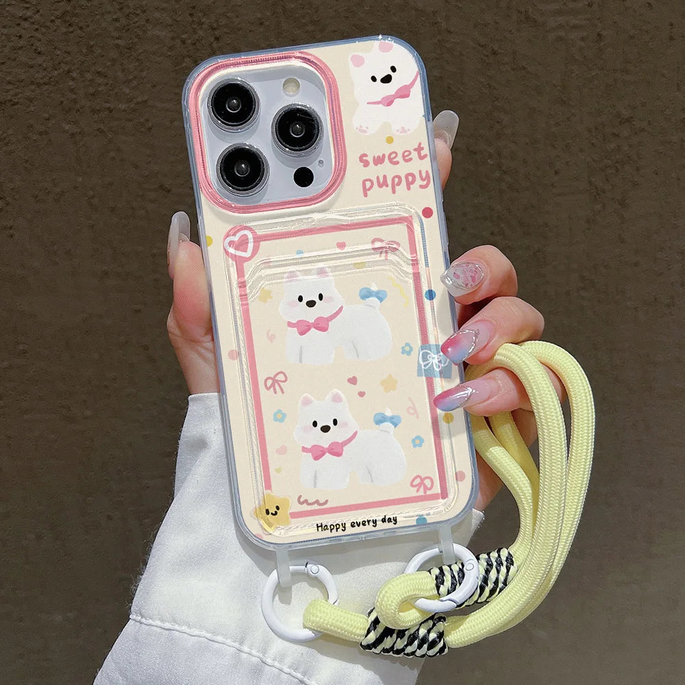 Cute Animal Wallet iPhone Case – Card Holder Silicone Phone Cover with Lanyard