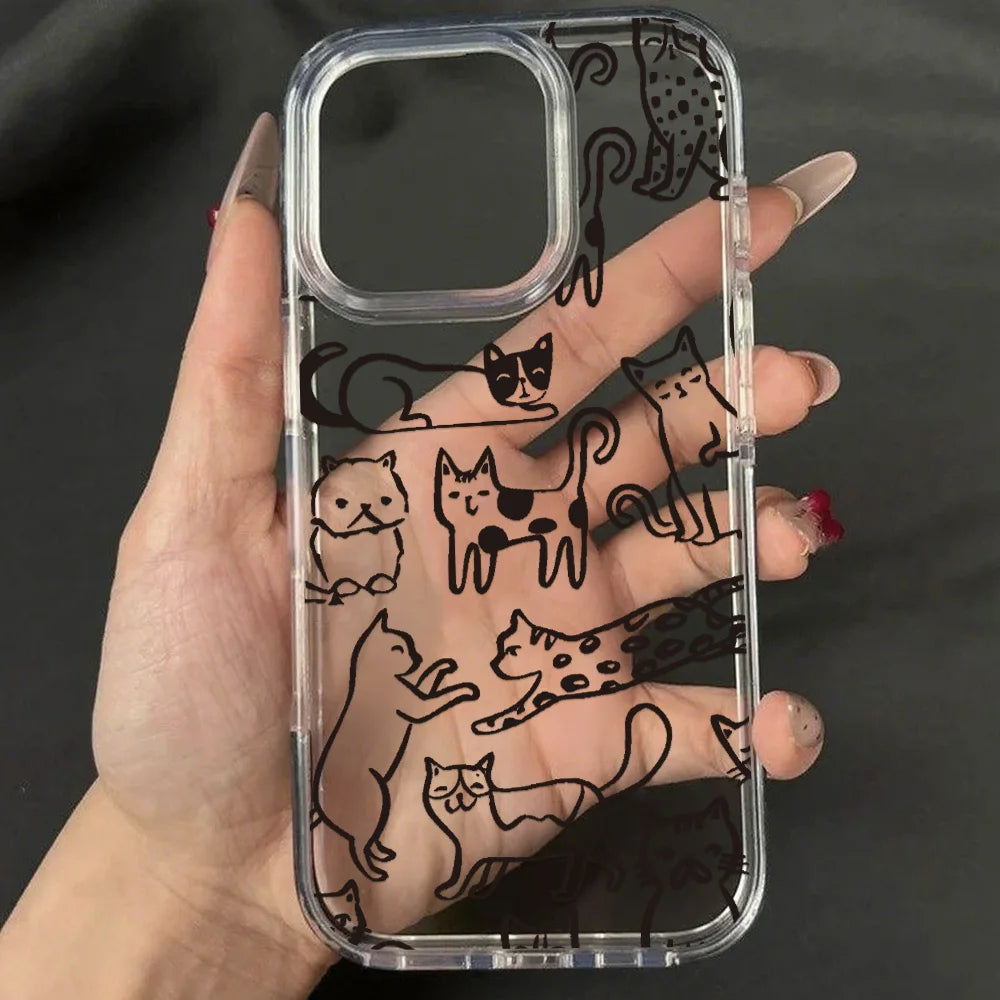 Cute Line Cat iPhone Case – Transparent Acrylic Shockproof Phone Cover