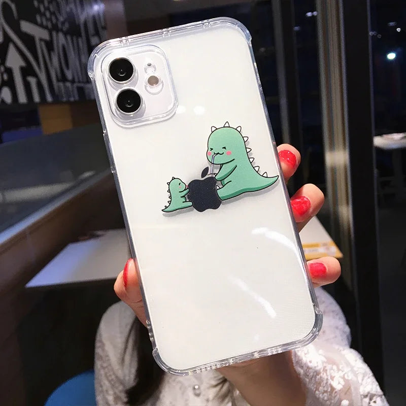 Cute Dinosaur Cartoon iPhone Case – Transparent Shockproof TPU Phone Cover