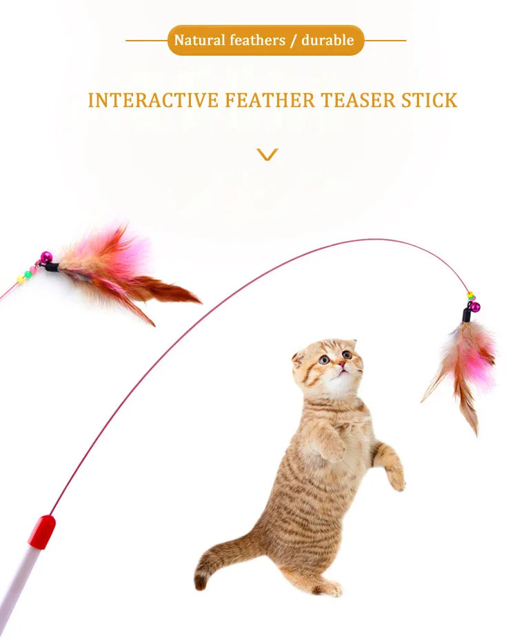 Funny Interactive Cat Teasing Stick with Feather, Bell & Plush Ball