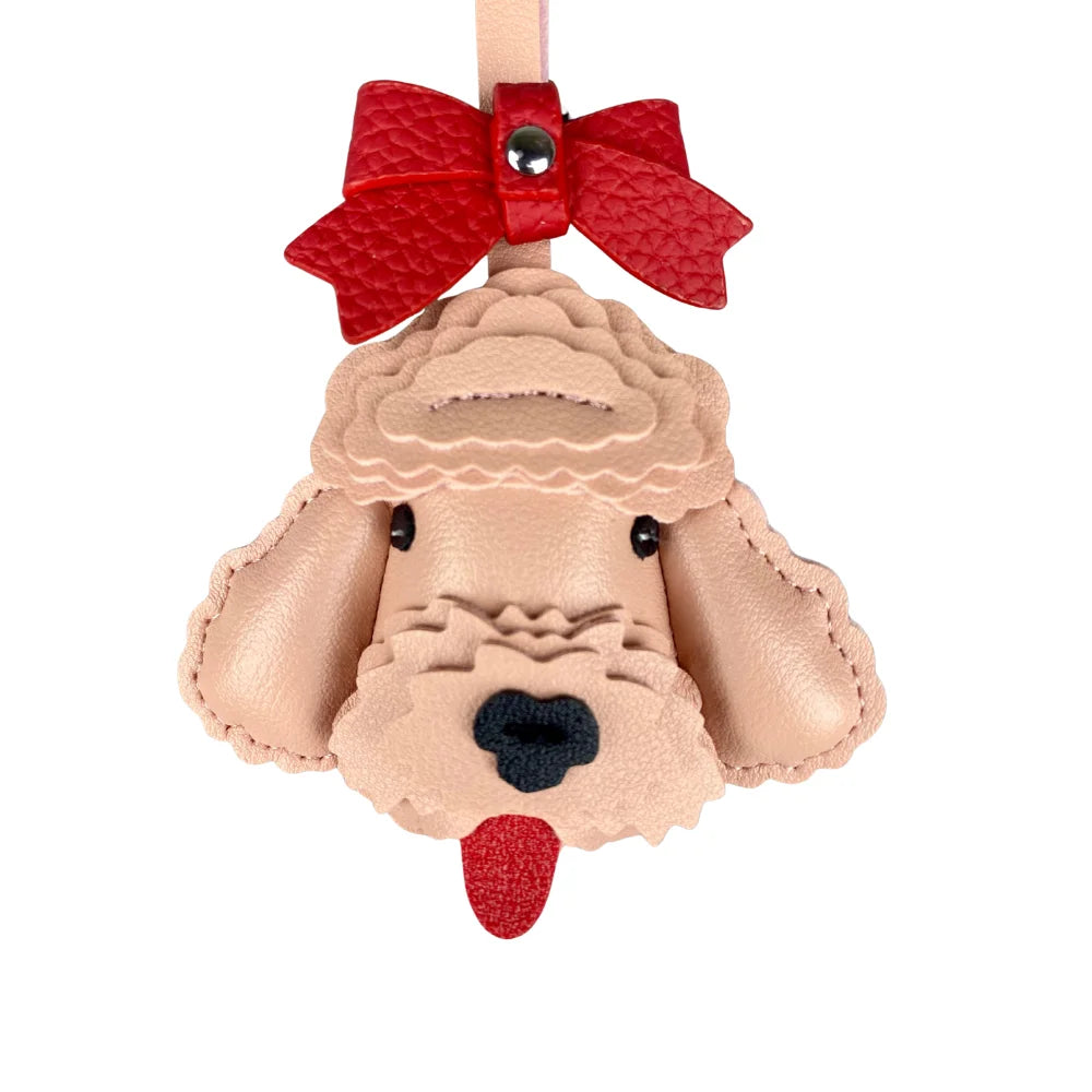 Handmade Leather Teddy Dog Bag Charm with Detachable Red Bow Tie – 3D Puppy Keychain for Bags
