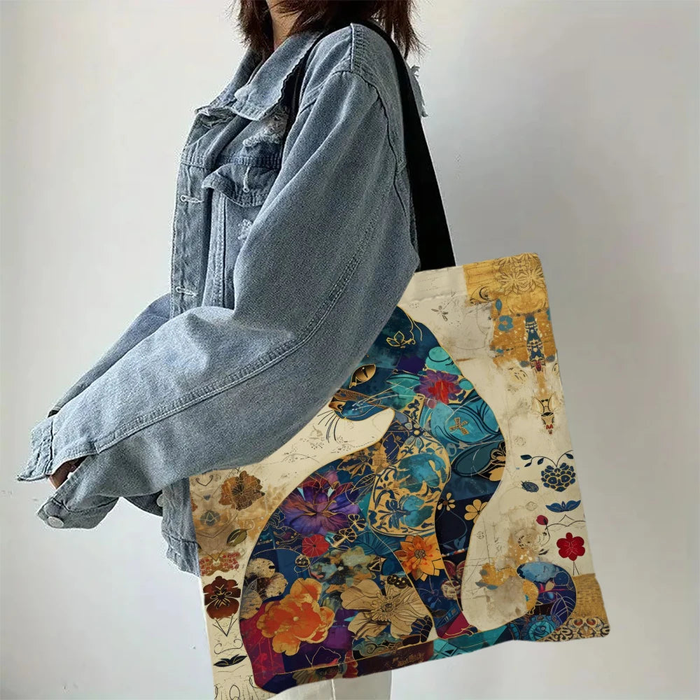 Cat Floral Retro Tote Bag – Large Capacity Casual Shoulder Shopping Bag