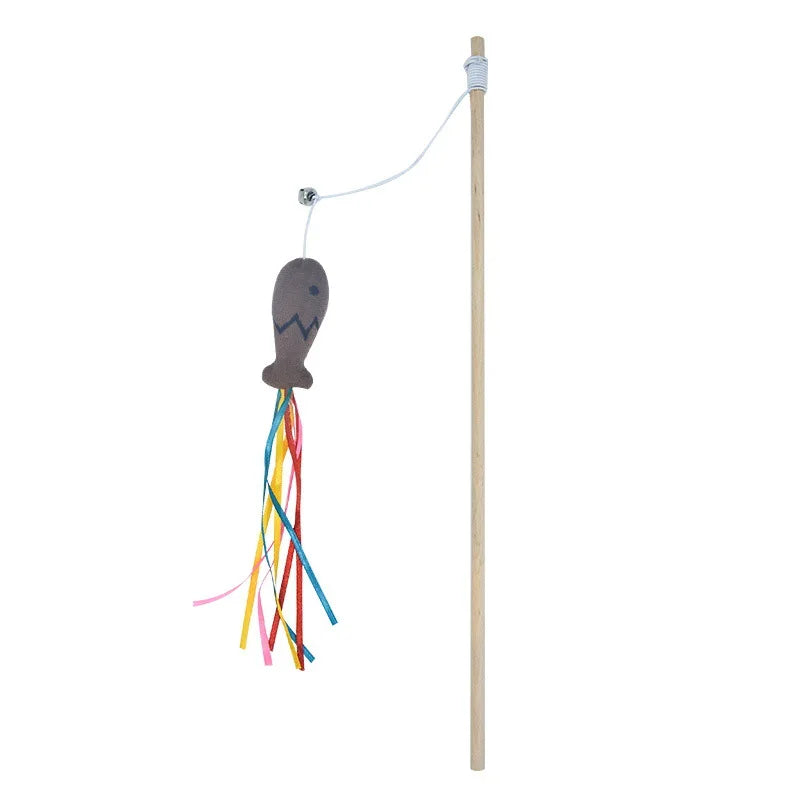Interactive Cat Teaser Stick with Ribbon Fish & Catnip