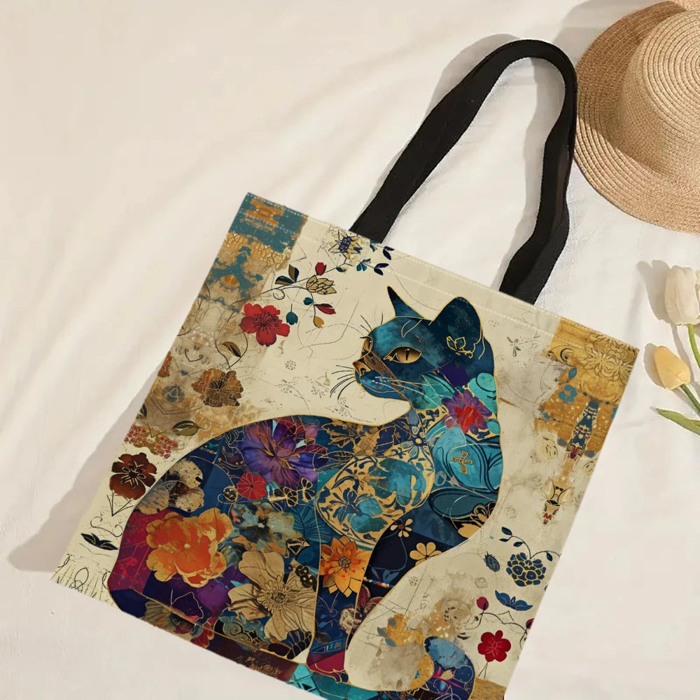 Cat Floral Retro Tote Bag – Large Capacity Casual Shoulder Shopping Bag