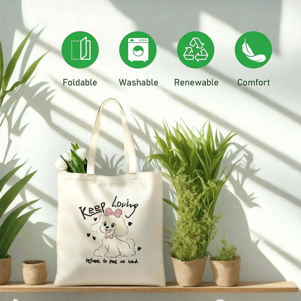 Cute Pet Dog Printed Canvas Tote Bag – Eco-Friendly Large Capacity Handbag for Shopping, Books, Laptop & Essentials