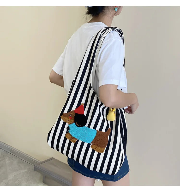 Cute Dog Embroidery Women’s Canvas Shoulder Tote Bag – Large Capacity