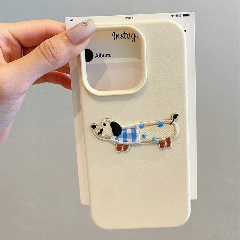 3D Embroidered Puppy iPhone Case – Cute Cartoon Dog Leather Pattern Cover