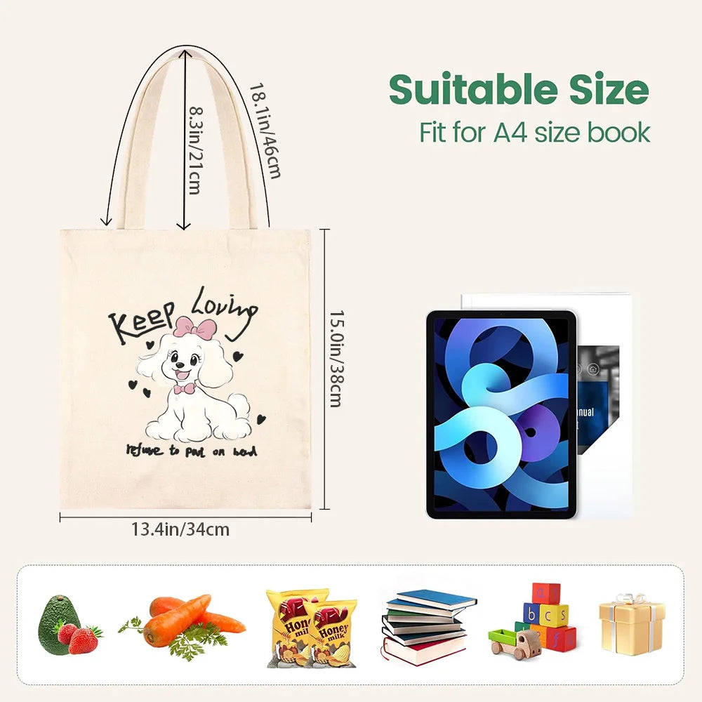 Cute Pet Dog Printed Canvas Tote Bag – Eco-Friendly Large Capacity Handbag for Shopping, Books, Laptop & Essentials