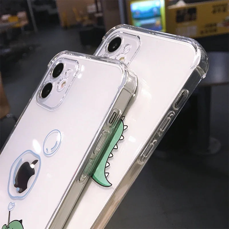 Cute Dinosaur Cartoon iPhone Case – Transparent Shockproof TPU Phone Cover