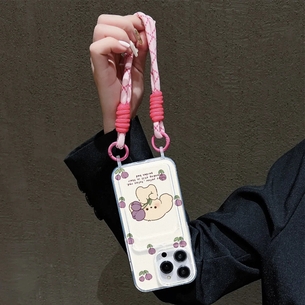 Cute Animal Wallet iPhone Case – Card Holder Silicone Phone Cover with Lanyard
