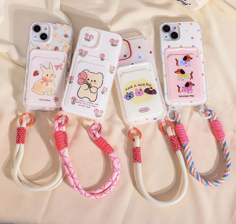 Cute Animal Wallet iPhone Case – Card Holder Silicone Phone Cover with Lanyard
