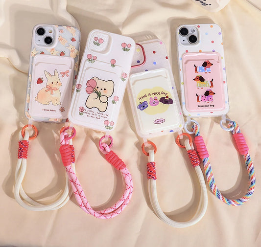 Cute Animal Wallet iPhone Case – Card Holder Silicone Phone Cover with Lanyard