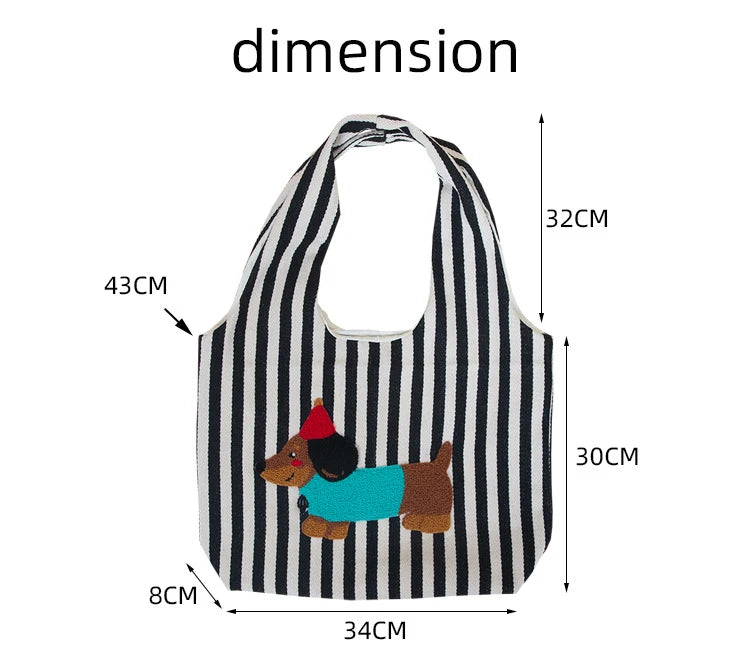 Cute Dog Embroidery Women’s Canvas Shoulder Tote Bag – Large Capacity