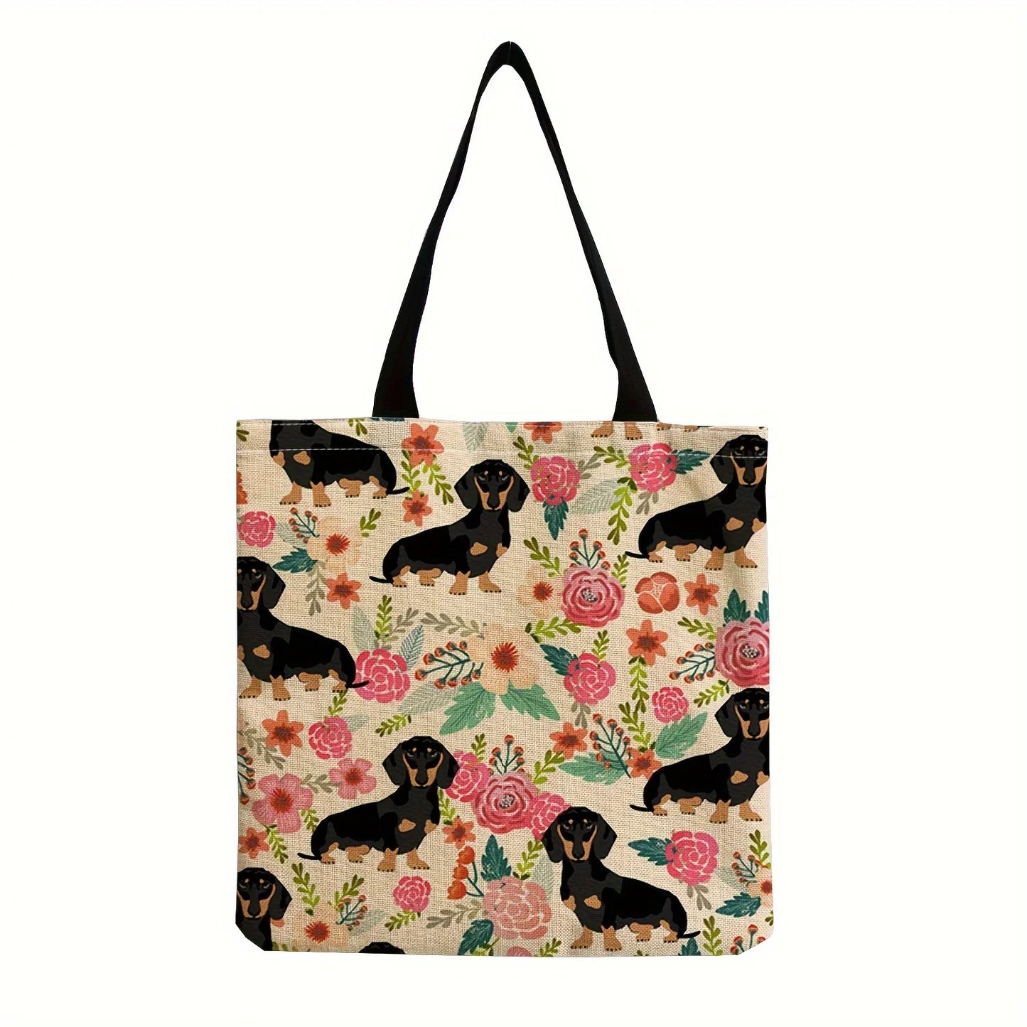 Cute Sausage Dog Print Tote Bag – Large Capacity Linen Shoulder Bag