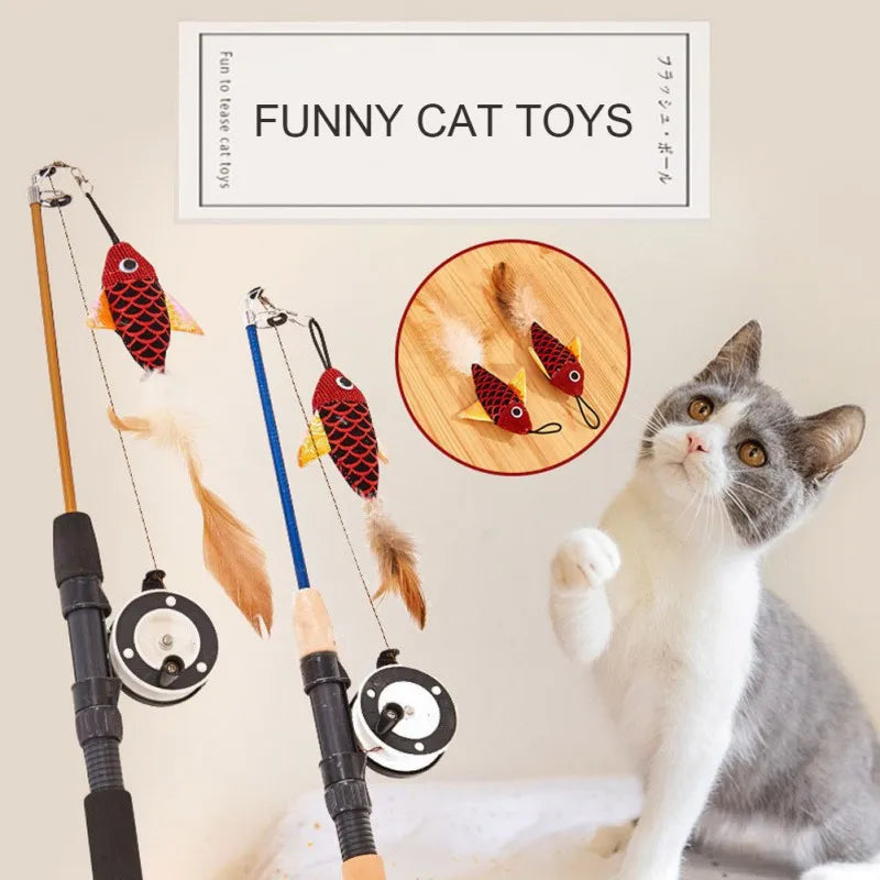 Retractable Fishing Rod Cat Teaser Toy with Feathers