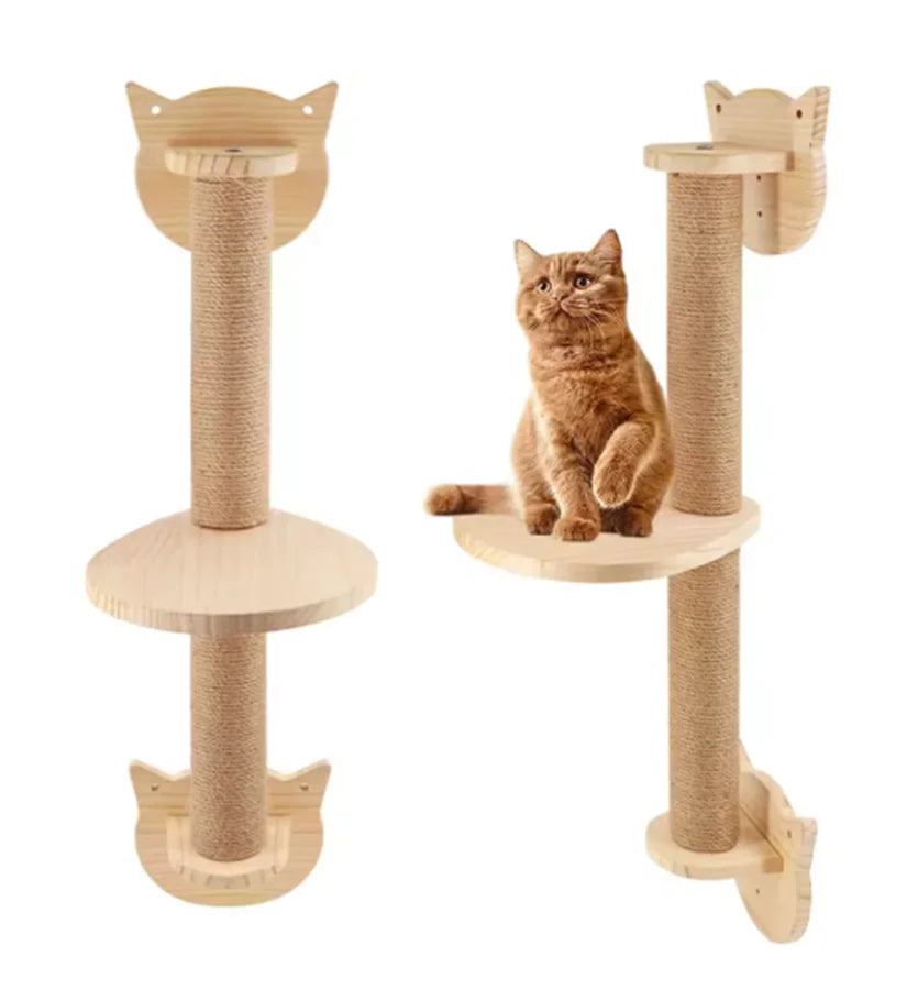 Wall-Mounted Wooden Cat Climbing Shelves with Hammock