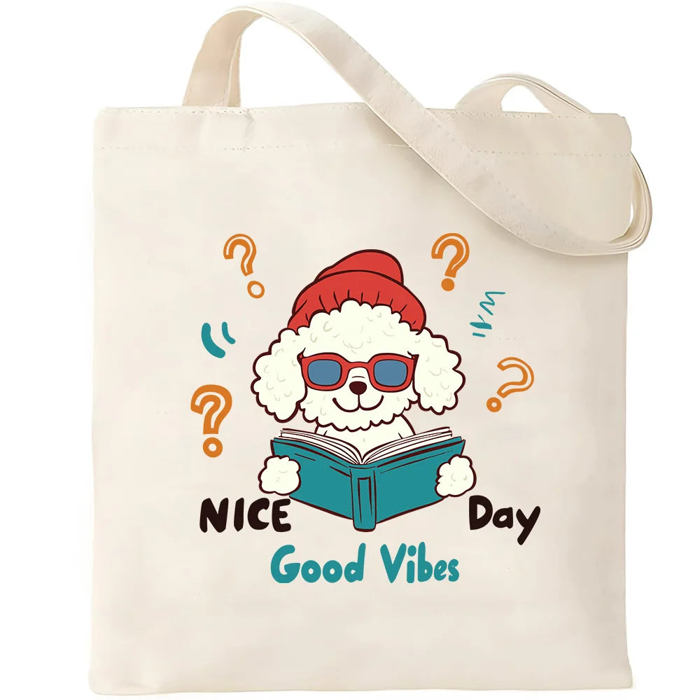 Cute Pet Dog Printed Canvas Tote Bag – Eco-Friendly Large Capacity Handbag for Shopping, Books, Laptop & Essentials